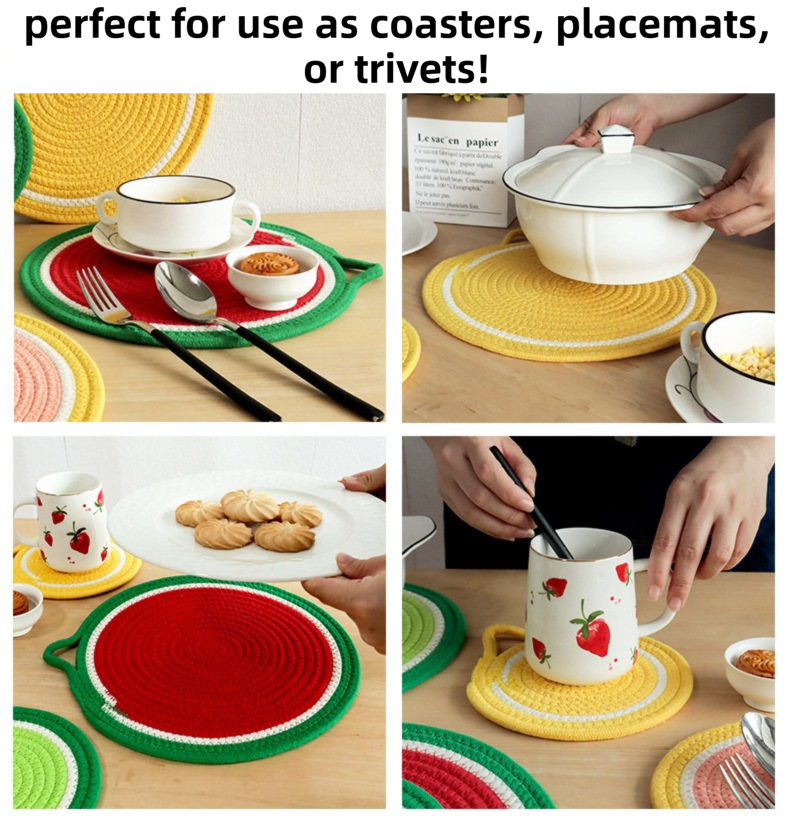 3-Piece Watermelon Inspired Kitchen Heat Resistant Set with 18cm & 30cm Round Cotton Rope Woven Trivets + 1 Pair Duckbill Oven Mitt - Foldable Table Protection Mats and Red Polka Dot Cooking Gloves, Perfect for Home Baking and Cooking Lover