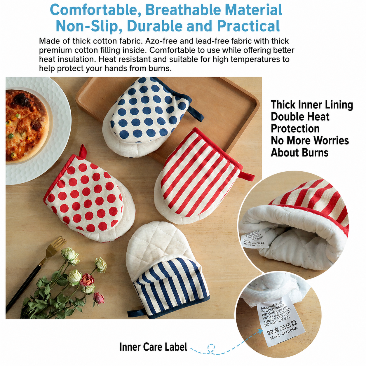 3-Piece Watermelon Inspired Kitchen Heat Resistant Set with 18cm & 30cm Round Cotton Rope Woven Trivets + 1 Pair Duckbill Oven Mitt - Foldable Table Protection Mats and Red Polka Dot Cooking Gloves, Perfect for Home Baking and Cooking Lover