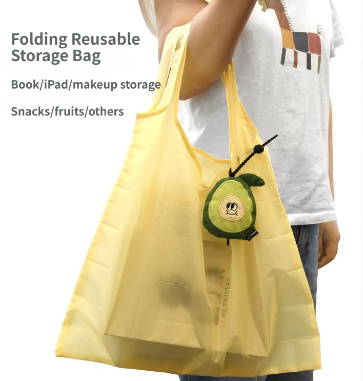 Portable Carrot Lemon Corduroy Storage Pouch with Zipper and Hidden Folding Shopping Bag - Lightweight Reusable Eco Grocery Tote Bag with Fruit Charm for Shopping, Travel, Books, iPad and Daily Essentials
