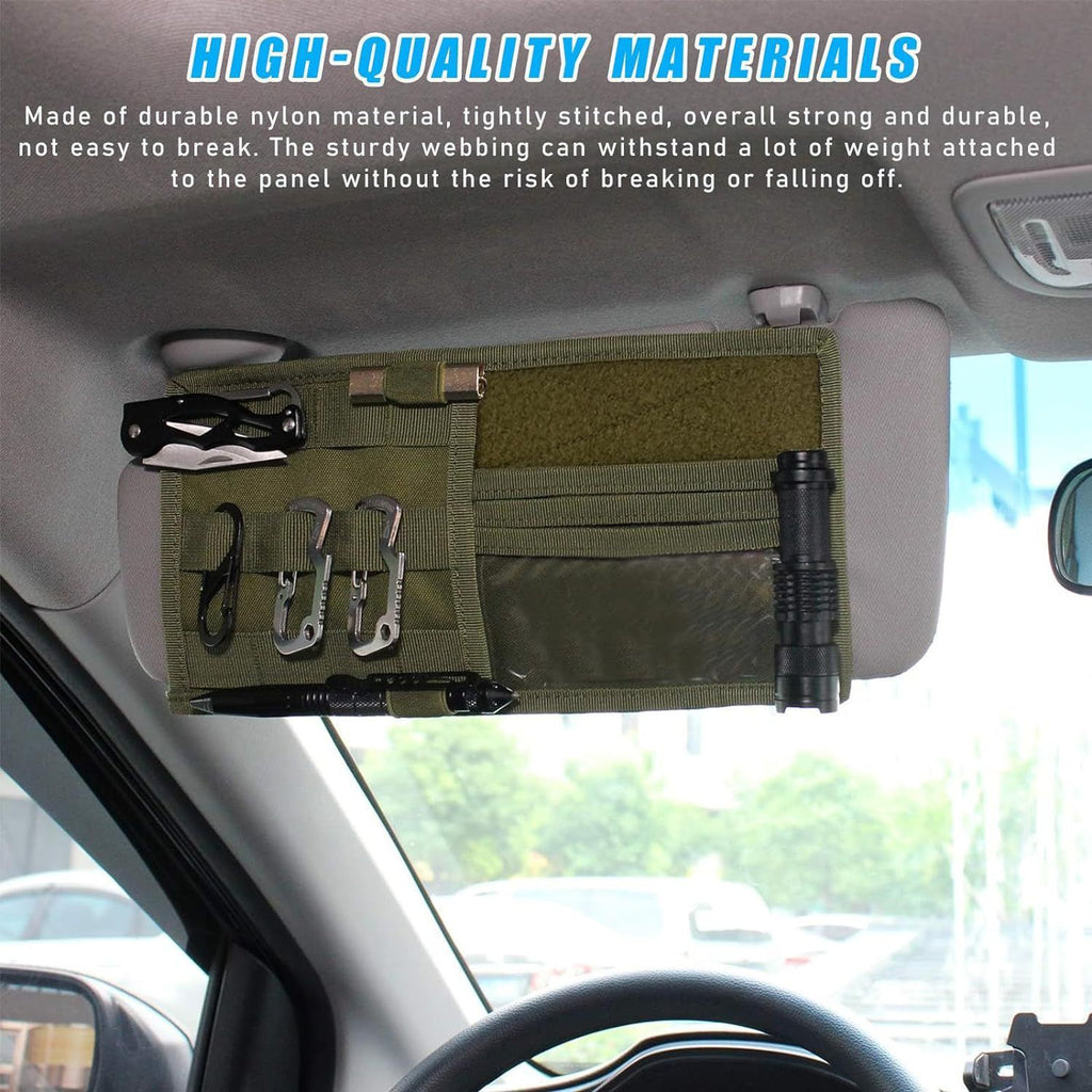 Navy Green Tactical Molle Car Sun Visor Organizer – Durable Nylon Vehicle Storage Pouch with Adjustable Buckle, Loop Panelled EDC Pockets and Pen Sheath for Cars, Trucks, SUVs and Daily Driving Essentials