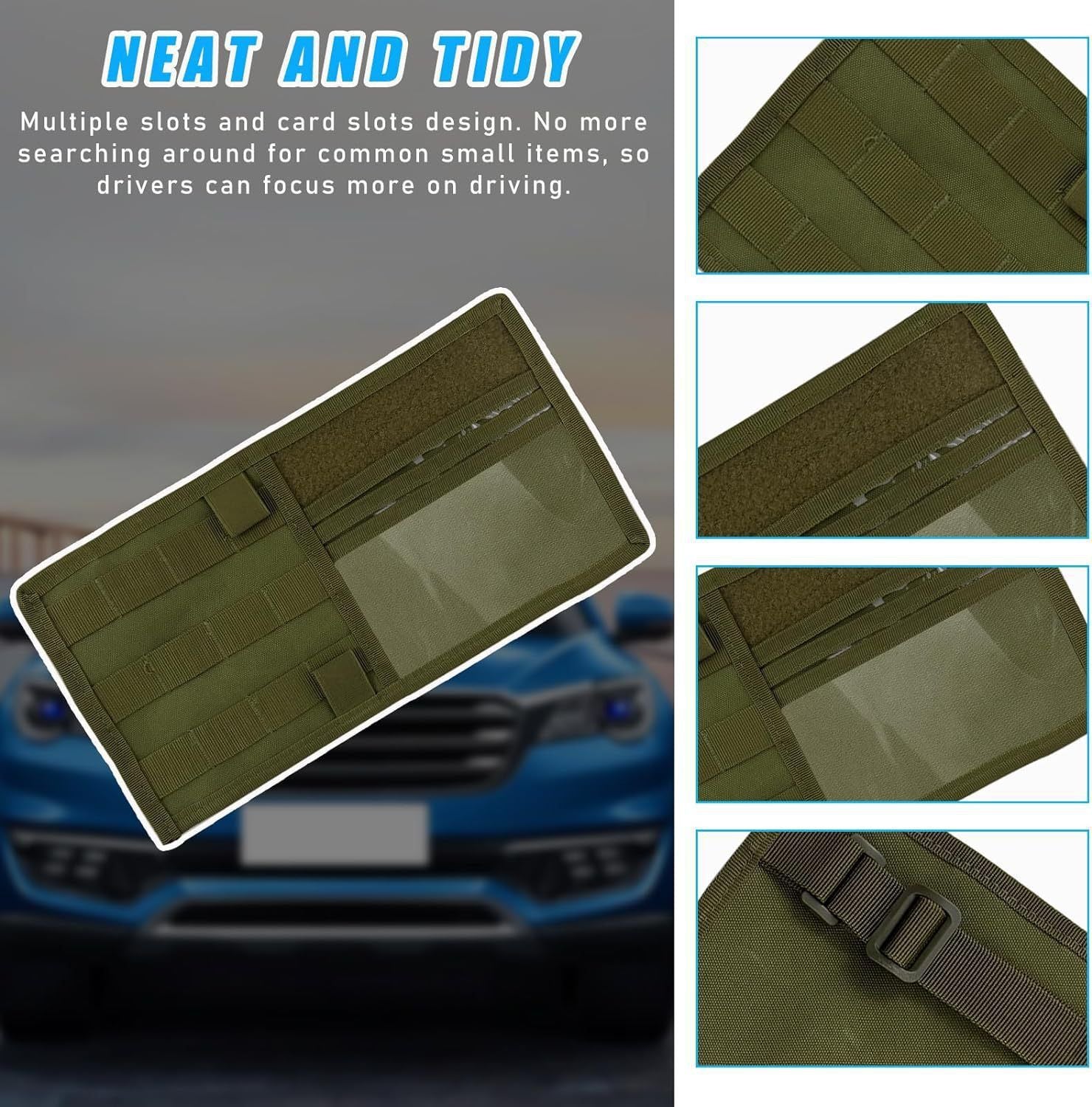 Khaki Tactical Molle Car Sun Visor Organizer – Durable Nylon Vehicle Storage Pouch with Adjustable Buckle, Loop Panelled EDC Pockets and Pen Sheath for Cars, Trucks, SUVs and Daily Driving Essentials