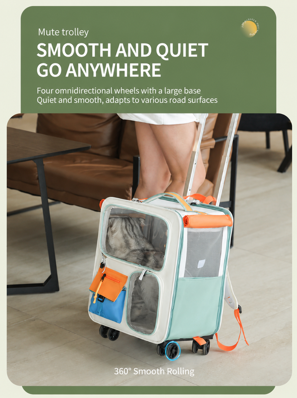 Orange and Grey Large Space Pet Carrier Trolley – Foldable Cat Carrier Backpack with Breathable Side Mesh & View Window, Silent Rolling Wheels, Storage Pocket and Removable Bottom Pad for Dog and Cat, 42 x 36 x 27CM