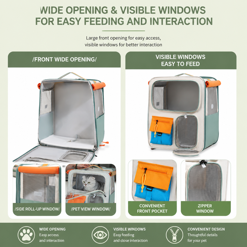 Brown and Grey Large Space Pet Carrier Backpack – Foldable Cat Carrier Bag with Breathable Side Mesh & View Window, Storage Pocket and Removable Bottom Pad for Dog and Cat, 42 x 36 x 27CM