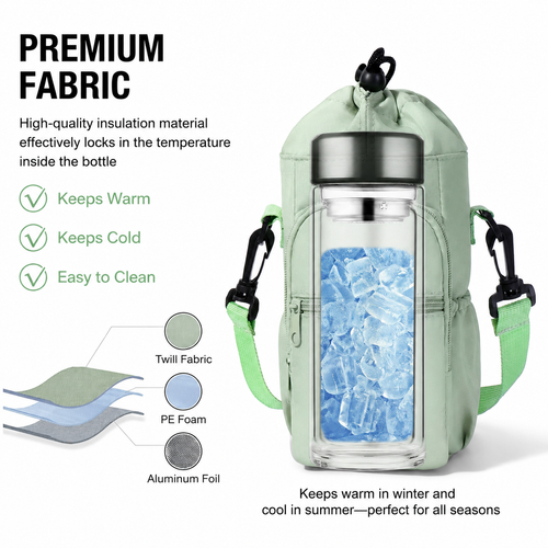2-Pack Green Muti-Pockets Insulated Water Bottle Holder and Adjustable Phone Crossbody Bag – 40oz Bottle Large Waterproof Cooler Sling Bag with Drawstring Closure and PE Cotton and Aluminium Foil Lining