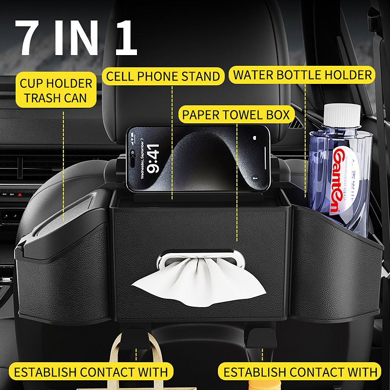 Mocha Brown Multifunctional Car Seat Back Storage Boxand Trash Can – PVC Leather Vehicle Hanging Organizer with Tissue Box Holder, Cup Holder, Phone Stand and Dual Hooks for Tidy Daily Commuting & Road Trip