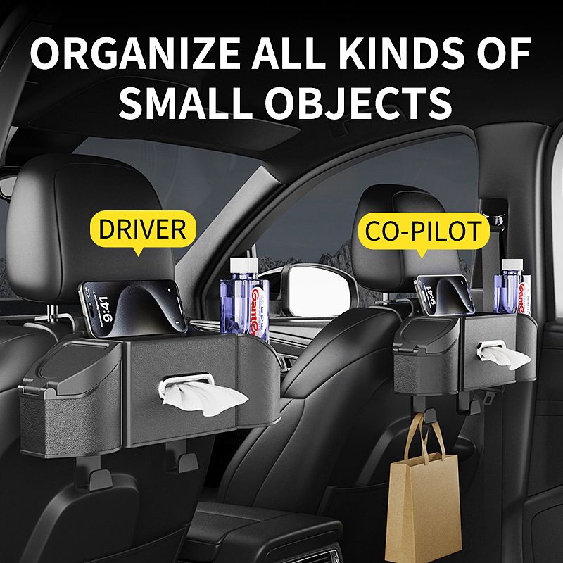 Mocha Brown Multifunctional Car Seat Back Storage Boxand Trash Can – PVC Leather Vehicle Hanging Organizer with Tissue Box Holder, Cup Holder, Phone Stand and Dual Hooks for Tidy Daily Commuting & Road Trip