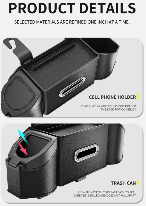 Mocha Brown Multifunctional Car Seat Back Storage Boxand Trash Can – PVC Leather Vehicle Hanging Organizer with Tissue Box Holder, Cup Holder, Phone Stand and Dual Hooks for Tidy Daily Commuting & Road Trip