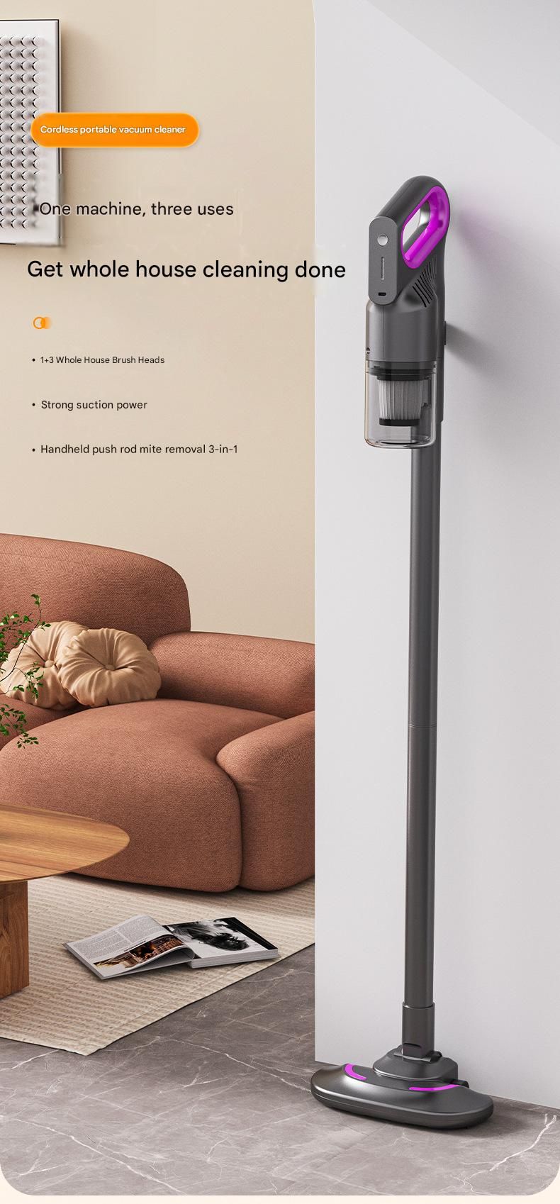 Purple 3-in-1 Cordless Vacuum Cleaner - Handheld Stick Vacuum with Mop Function, Strong Suction, Washable Filter, Type-C Fast Charging - Lightweight Design for Home, Car, Pet Hair, Hardwood Floors & Carpets