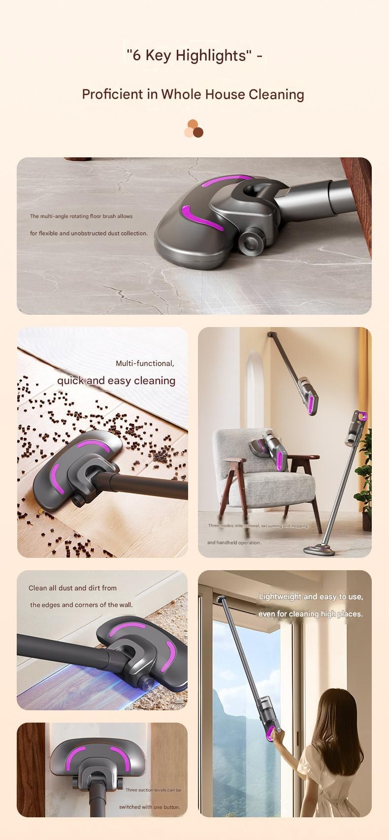 Purple 3-in-1 Cordless Vacuum Cleaner - Handheld Stick Vacuum with Mop Function, Strong Suction, Washable Filter, Type-C Fast Charging - Lightweight Design for Home, Car, Pet Hair, Hardwood Floors & Carpets
