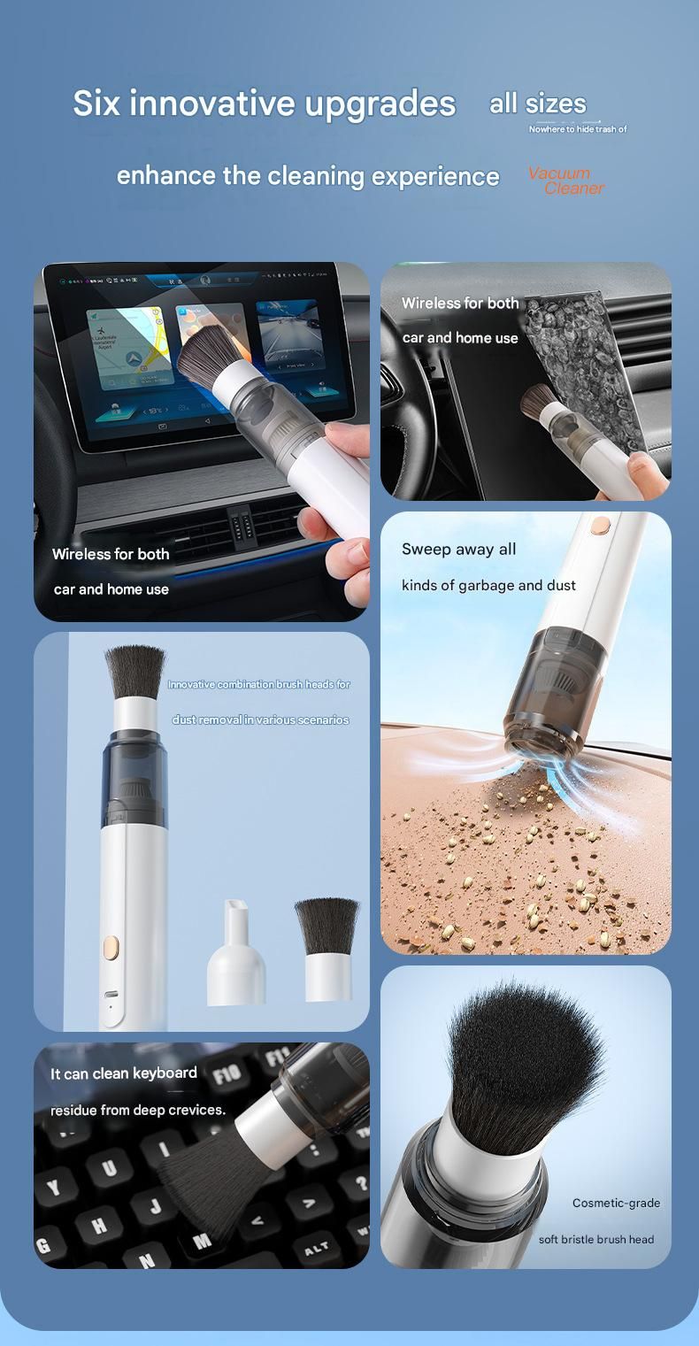 Black Portable Handheld Car Vacuum Cleaner - Rechargeable Mini Dust Collector with Soft Bristle Brush and Particle Nozzle for Car Interiors, Desktops, Keyboards, and Home Use - Wireless Design with Type-C Charging