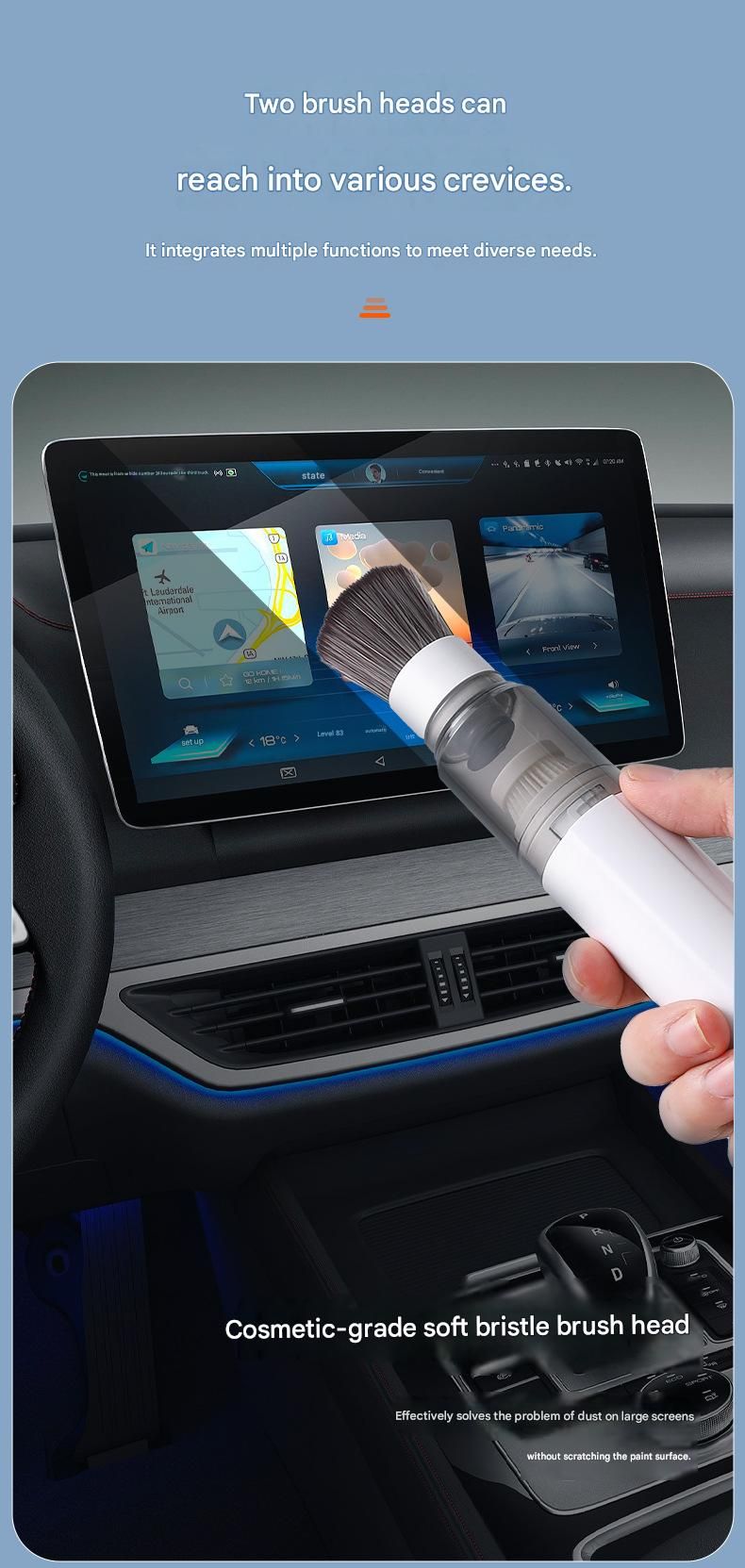 White Portable Handheld Car Vacuum Cleaner - Rechargeable Mini Dust Collector with Soft Bristle Brush and Particle Nozzle for Car Interiors, Desktops, Keyboards, and Home Use - Wireless Design with Type-C Charging