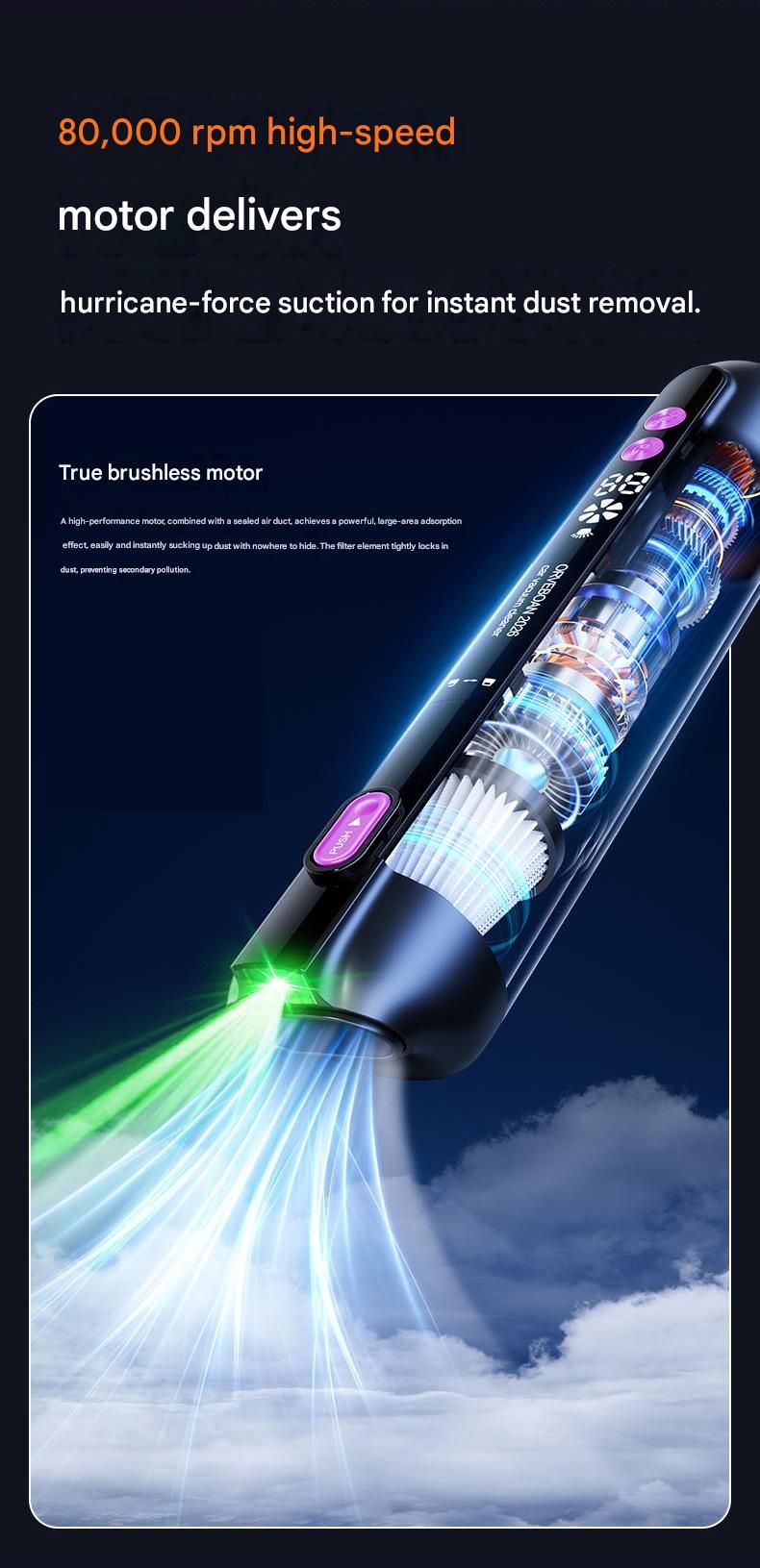 White Cordless Handheld Vacuum Cleaner - High Suction Portable Car Vacuum with Green Light Dust Display, 100ml Capacity, Type-C Rechargeable for Car Home Pet Use, Compact Design with 4 Nozzle Set