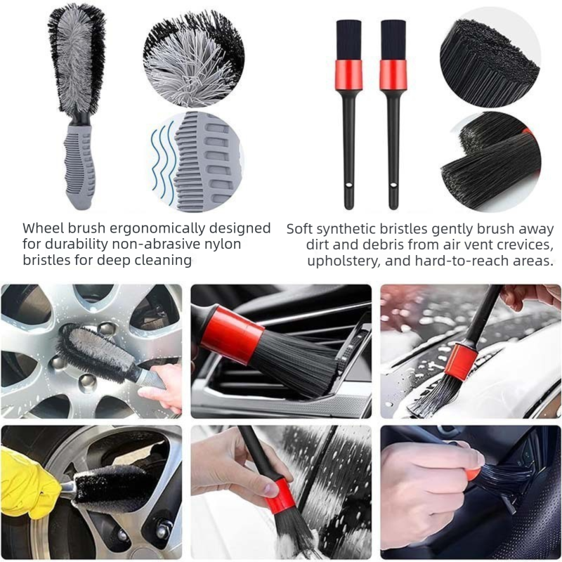 11pc Car Wash Detailing Kit 9L Collapsible Bucket Microfibre Towels Brushes