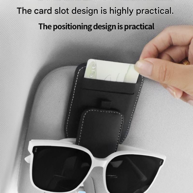 Grey Car Sun Visor Eyeglasses Holder Magnetic Glasses Clip with Card Storage Multifunction Auto Sunglasses Organizer PVC Leather Interior Accessory