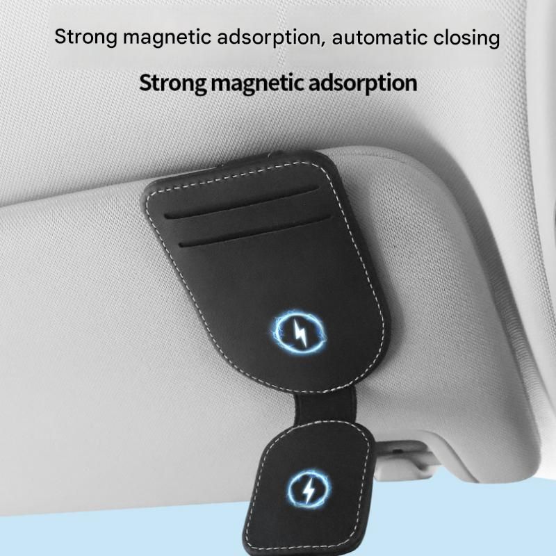Beige Car Sun Visor Eyeglasses Holder Magnetic Glasses Clip with Card Storage Multifunction Auto Sunglasses Organizer PVC Leather Interior Accessory