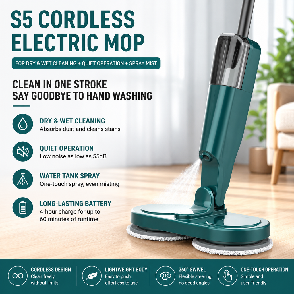S5 Green  Cordless Electric Spin Mop with Spray Function USB Rechargeable Floor Cleaner - Dual Rotating Mop Heads, Wet and Dry Cleaning, Lightweight Home Cleaning Solution for Hard Floors