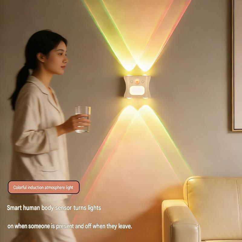 3PCS Smart Home Atmosphere Set – Green USB Rechargeable Camera Humidifier & 2pcs White RGB Motion Sensor Wall Light, Magnetic Wireless Night Lamp with Remote Control for Bedroom, Living Room & Office