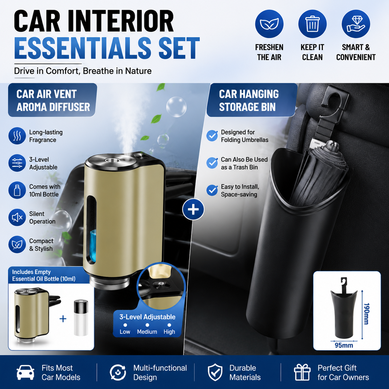 2pc Car Air Vent Aroma Diffuser + Hanging Storage Bin Set Gold