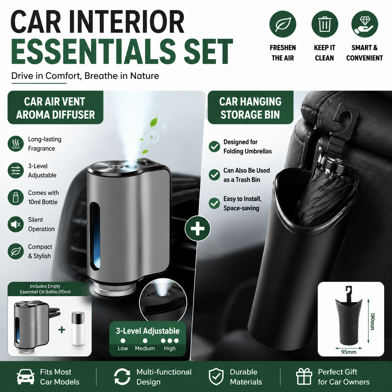 2pc Car Air Vent Aroma Diffuser + Hanging Storage Bin Set Silver