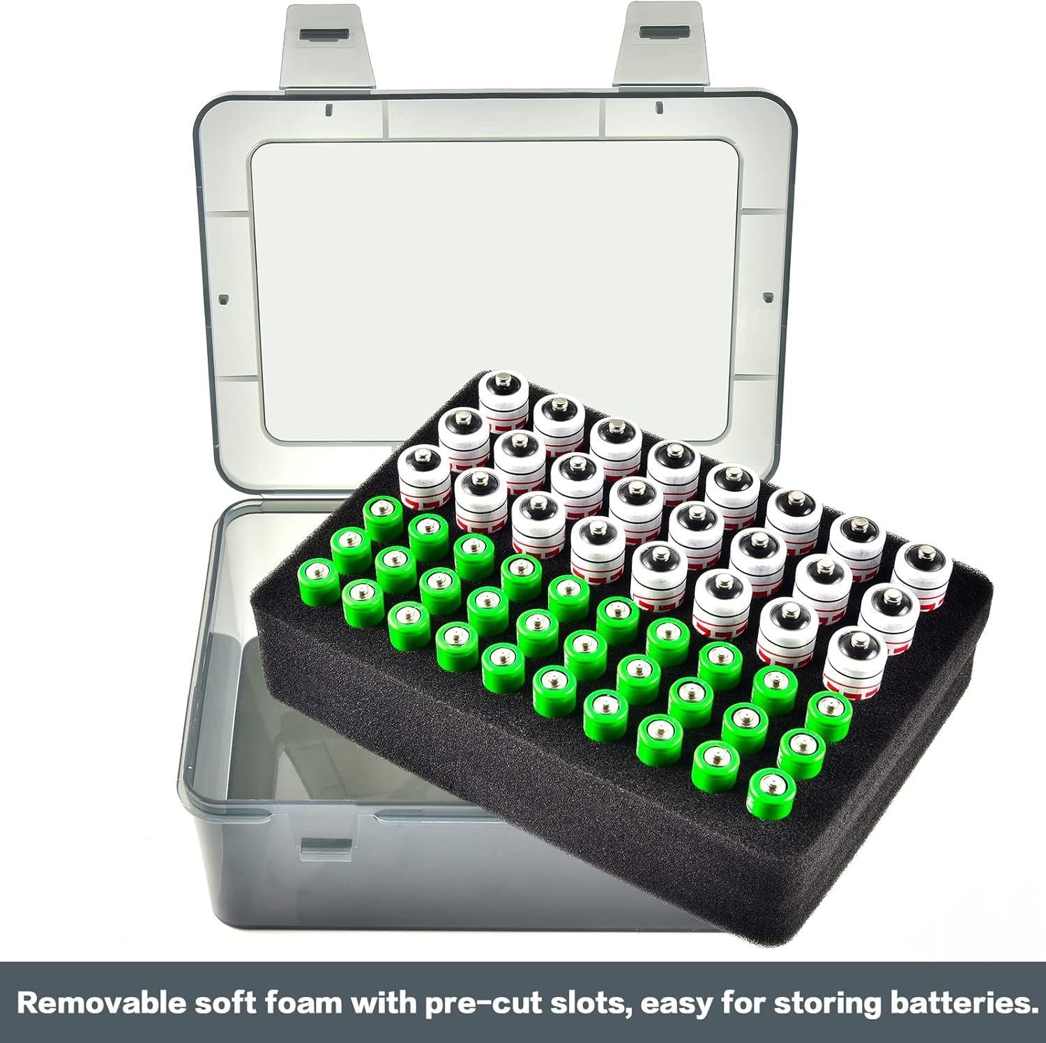 Grey AA/AAA Battery Storage Case 24 AA + 30 AAA Capacity Durable PP Organizer Box with Removable Foam Dustproof Portable Protective Battery Holder