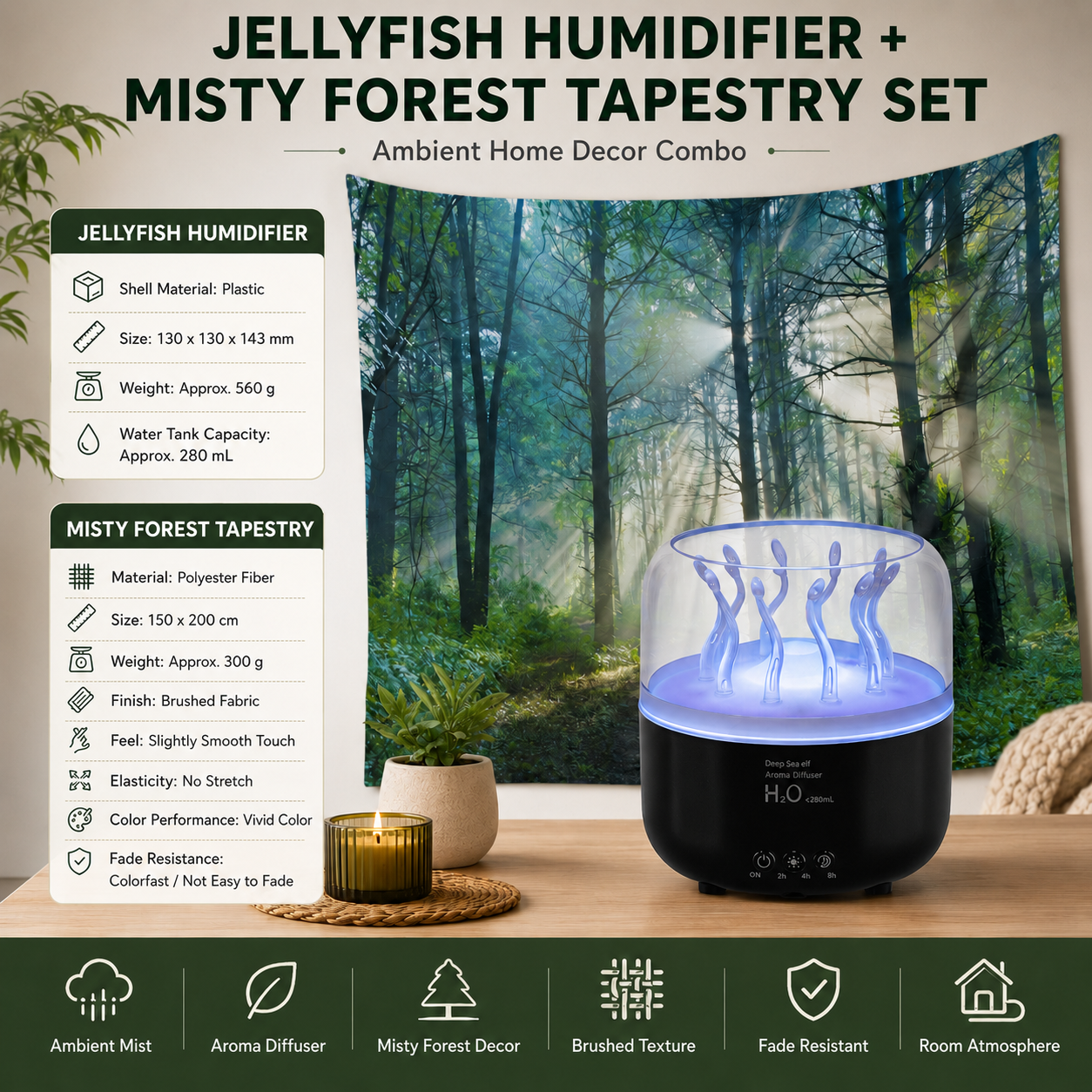 2 piece Cozy Home Duo set -Black Jellyfish Humidifier  and 150×200cm Misty Forest Tapestry -humidifier featuring multi-color lights and aromatherapy diffusion,Hanging cloth Room Decor Brushed No-Stretch Fade Resistant Nature Decor with Installation Kit