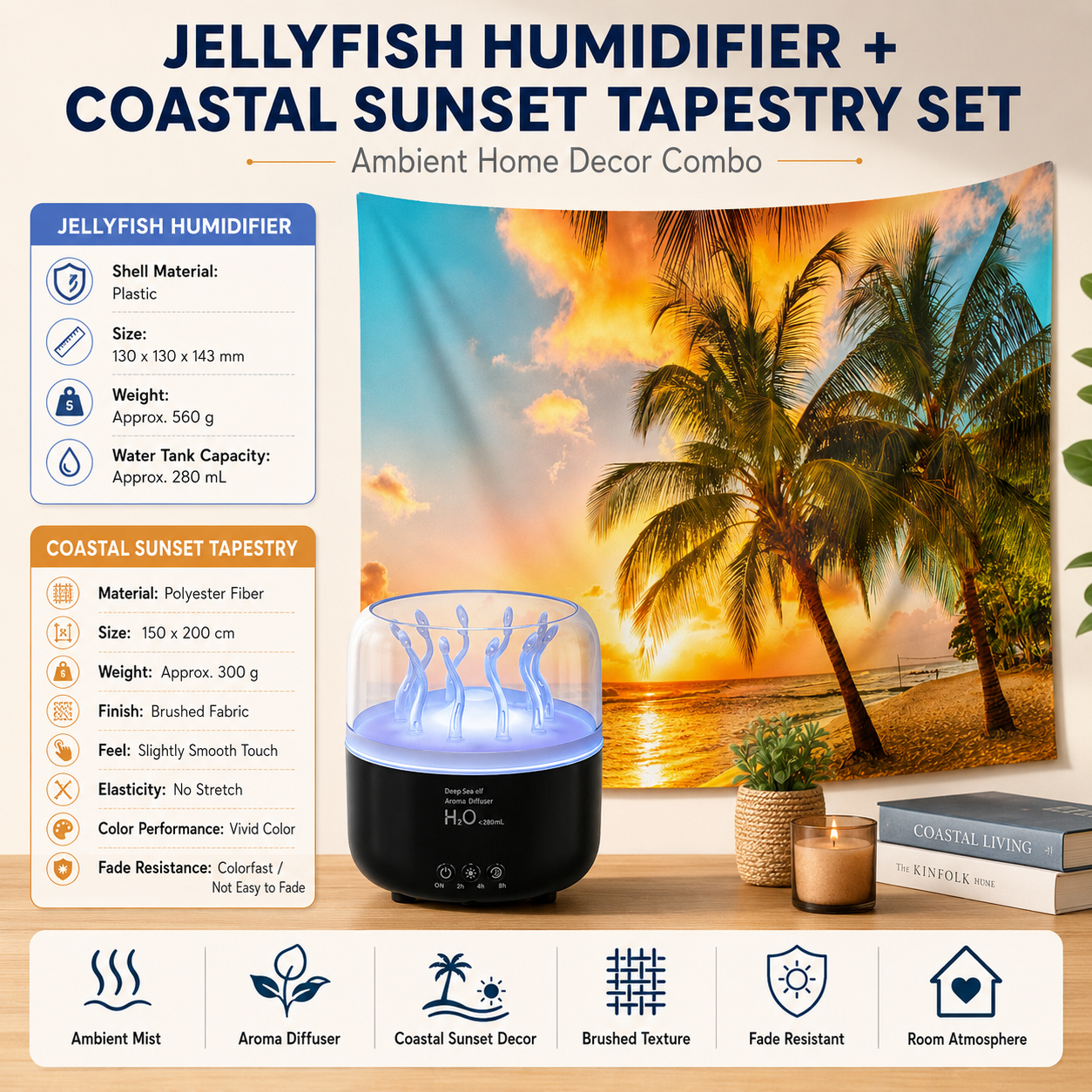 2 piece Cozy Home Duo set -Black Jellyfish Humidifier  and 150×200cm Coastal Sunset Tapestry -humidifier featuring multi-color lights and aromatherapy diffusion,Hanging cloth Room Decor Brushed No-Stretch Fade Resistant Nature Decor with Installation Kit