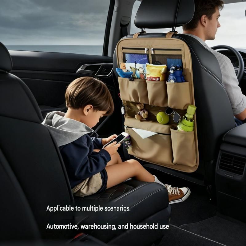 Black Car Seat Back Organizer - 210D Oxford Cloth, Water-Resistant & Multi-Pocket Design - Space-Saving Storage for Cars, Camping & Home Use