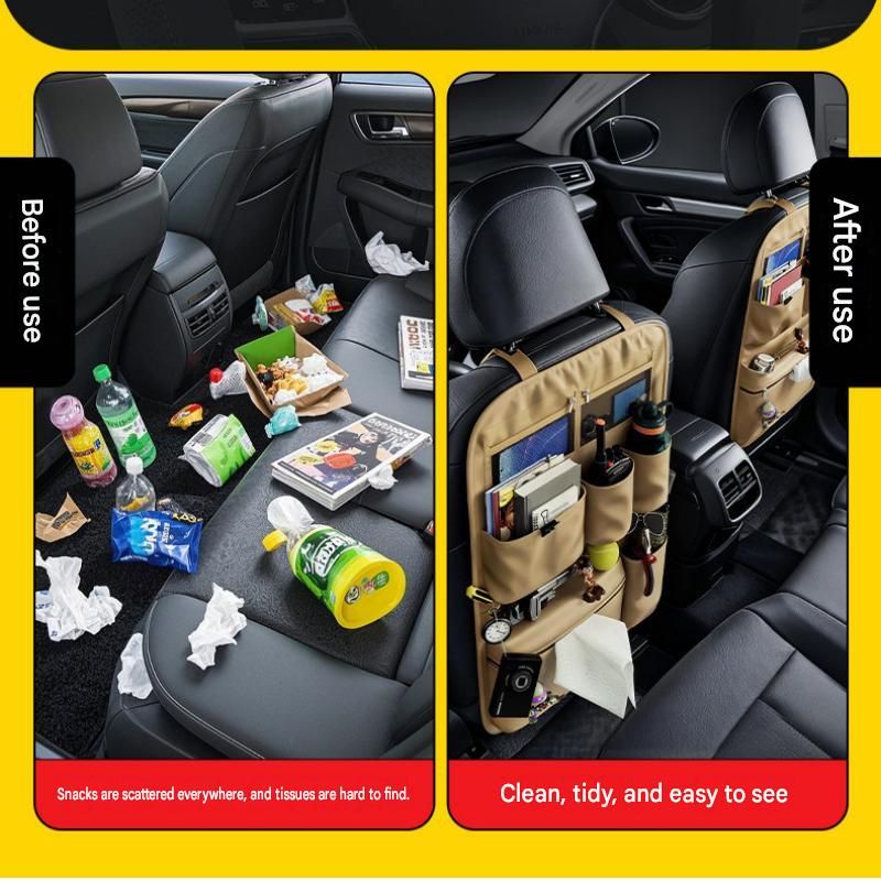Black Car Seat Back Organizer - 210D Oxford Cloth, Water-Resistant & Multi-Pocket Design - Space-Saving Storage for Cars, Camping & Home Use