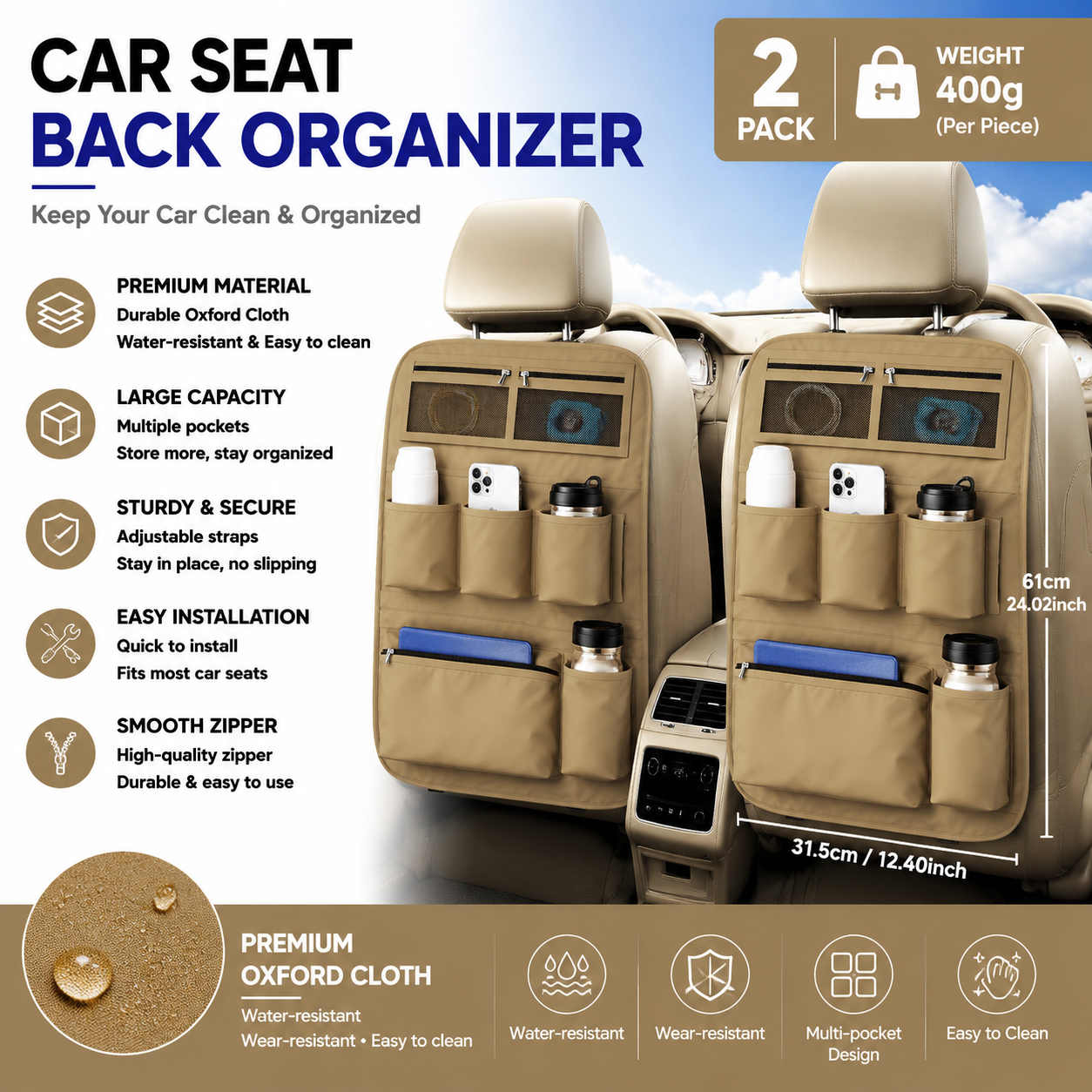 2x Car Seat Back Organiser Multi Pocket Water Resistant Oxford Brown