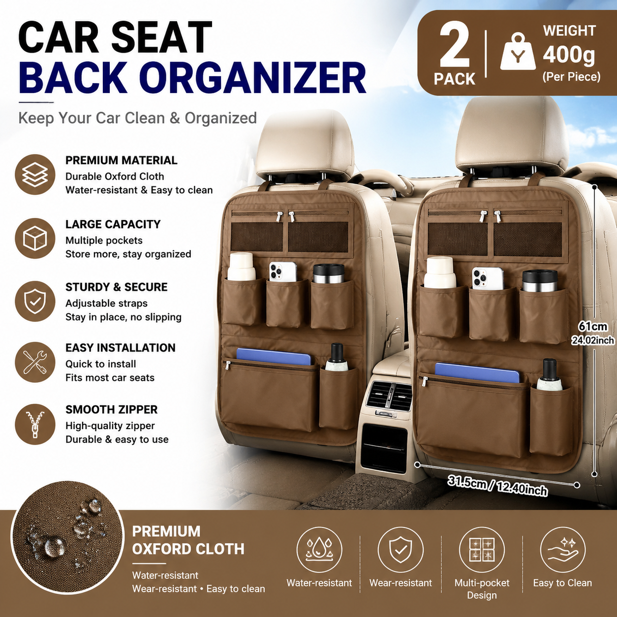 2x Car Seat Back Organiser Multi Pocket Water Resistant Oxford Coffee