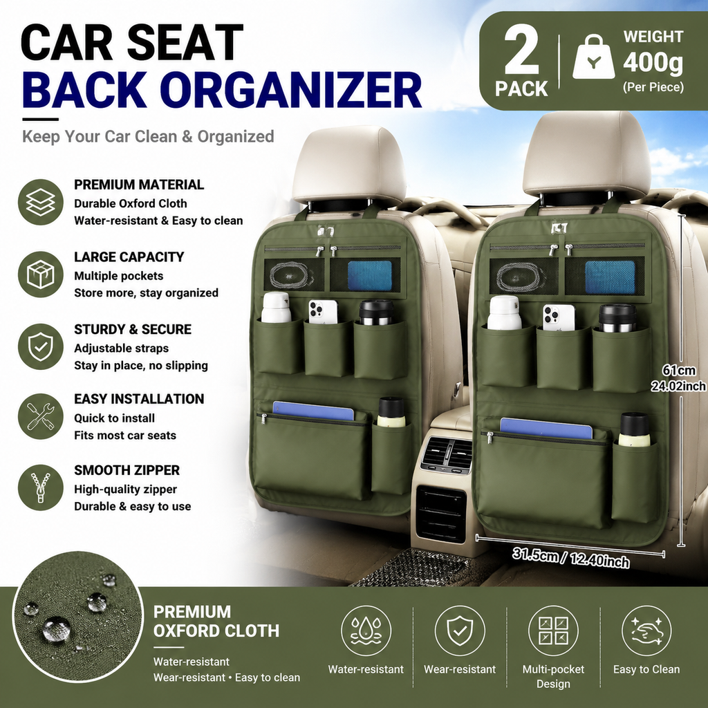 2x Car Seat Back Organiser Multi Pocket Water Resistant Oxford Green