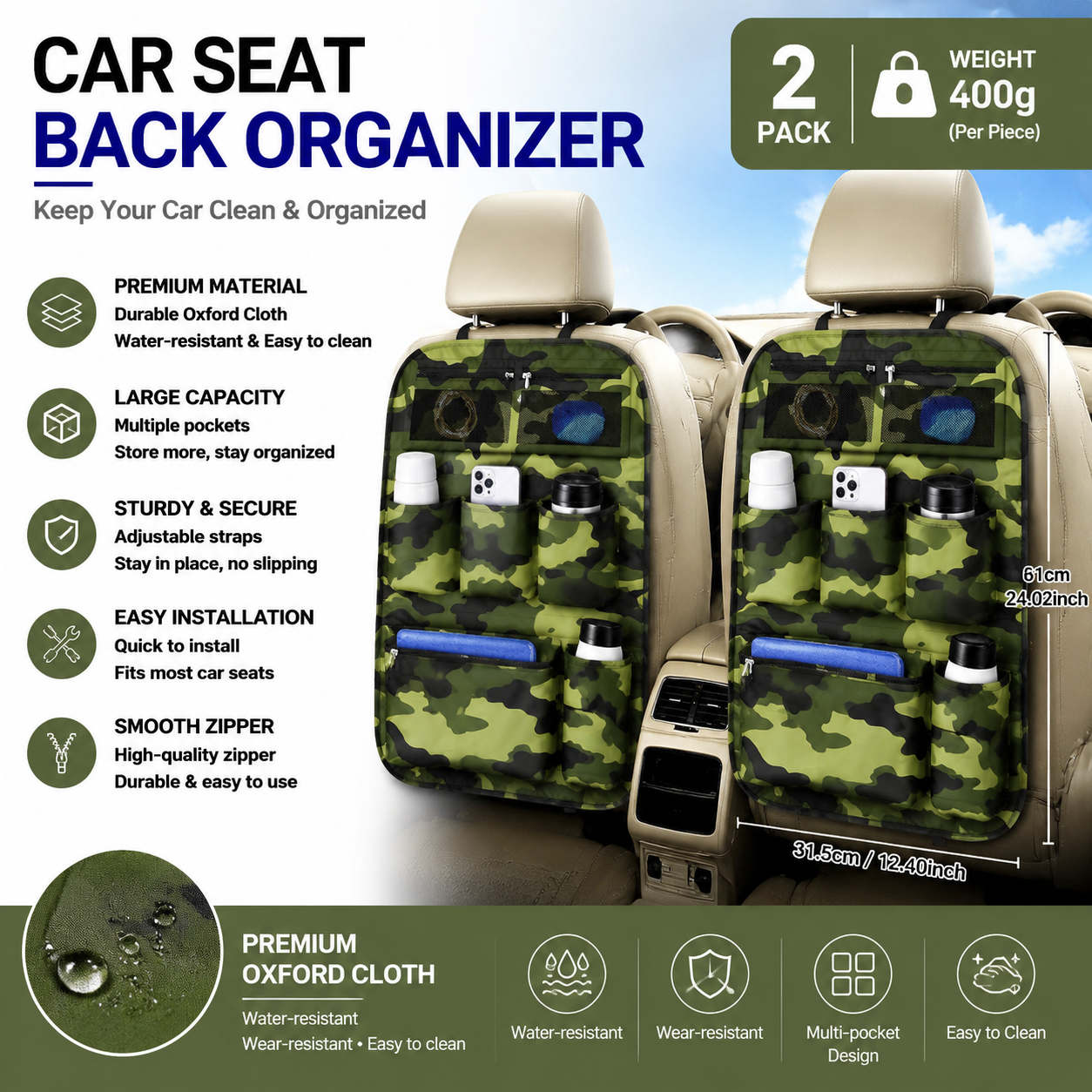 2x Car Seat Back Organiser Multi Pocket Water Resistant Oxford Camouflage