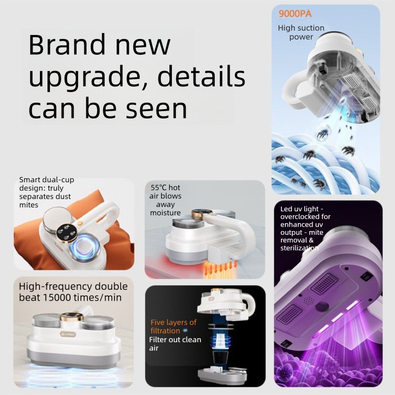 White Handheld Cordless Dust Mite Vacuum Cleaner LED Sanitizing Mattress Cleaner Dual Cup Separation Strong Suction 9000Pa Anti Allergen Home Winter Deep Cleaning Clean Portable
