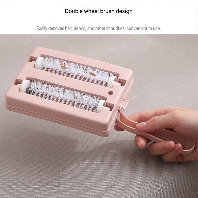 Pink Double Roller Cleaning Brush - PP Material, Sealed Dustpan Design with Detachable Rollers - Lightweight Carpet Sofa Bed Sweeper for Pet Hair and Crumbs