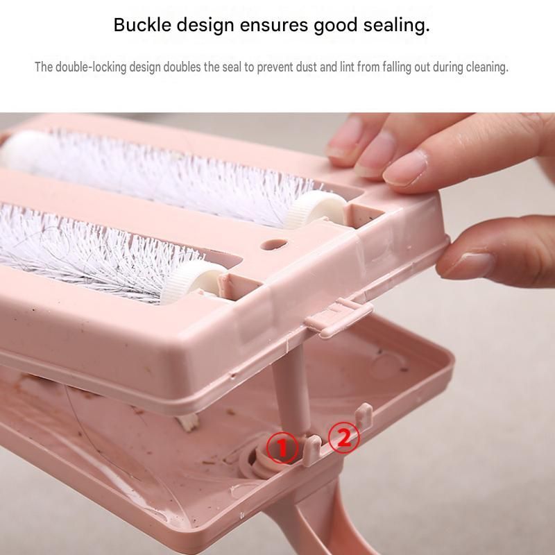 Pink Double Roller Cleaning Brush - PP Material, Sealed Dustpan Design with Detachable Rollers - Lightweight Carpet Sofa Bed Sweeper for Pet Hair and Crumbs