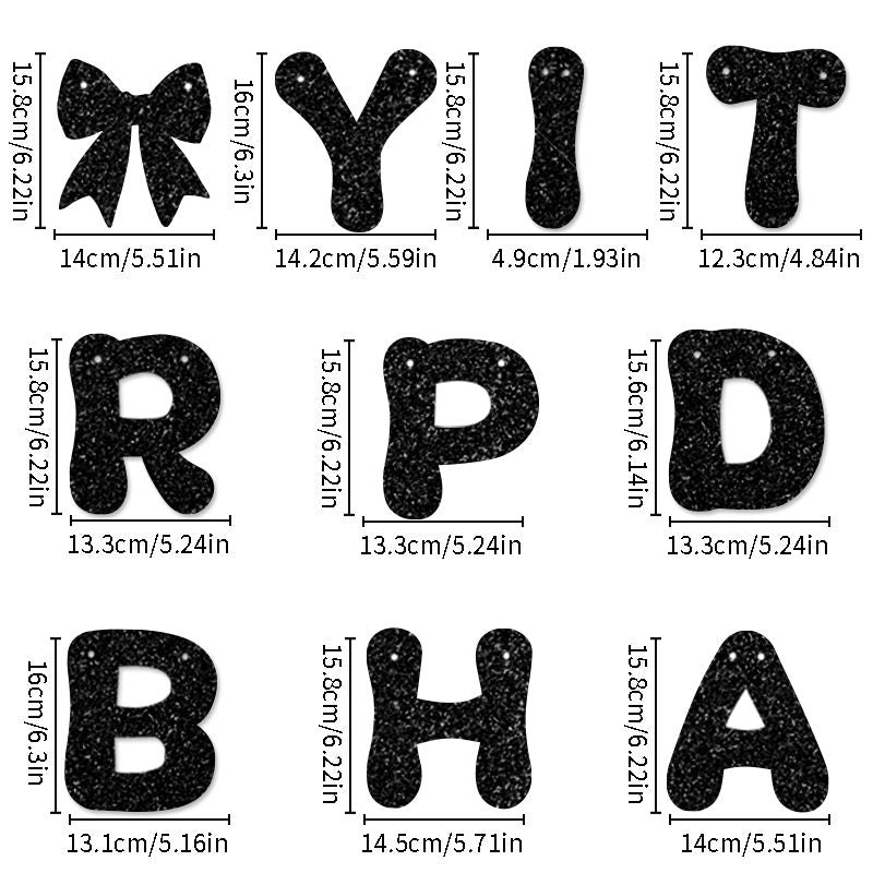 Black Glitter Happy Birthday Banner and Cake Topper Set - Bow Decoration Birthday Party , Hanging Bunting with Sticks and Tape for Home Celebration