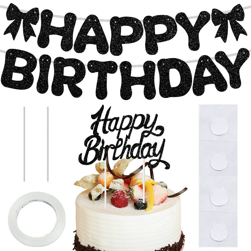 Black Glitter Happy Birthday Banner and Cake Topper Set - Bow Decoration Birthday Party , Hanging Bunting with Sticks and Tape for Home Celebration