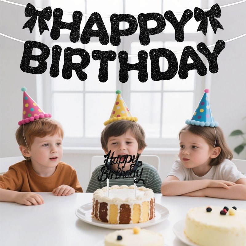 Black Glitter Happy Birthday Banner and Cake Topper Set - Bow Decoration Birthday Party , Hanging Bunting with Sticks and Tape for Home Celebration
