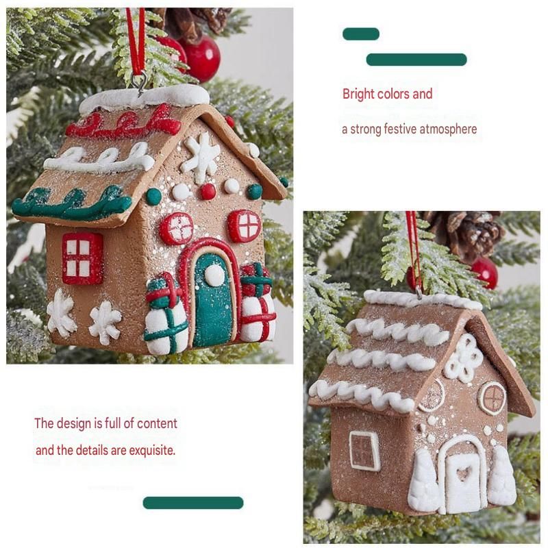 Double-crutch model Gingerbread House Christmas Tree Ornament - Made of polymer clay with snowflake details, perfect for Christmas decorations, suitable for home and window displays