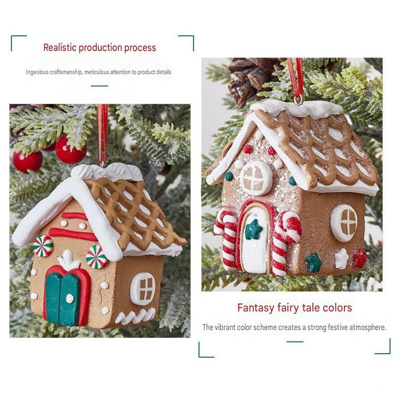 Green Door Style Gingerbread House Christmas Tree Ornament - Made of polymer clay with snowflake details, perfect for Christmas decorations, suitable for home and window displays