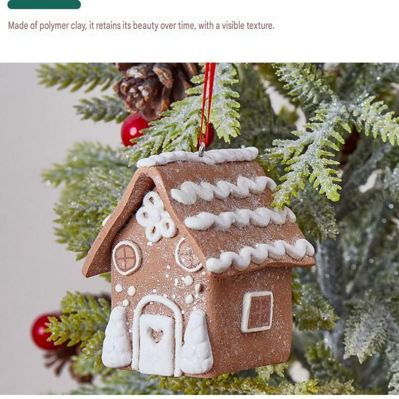 Green Door Style Gingerbread House Christmas Tree Ornament - Made of polymer clay with snowflake details, perfect for Christmas decorations, suitable for home and window displays