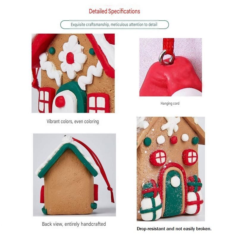 Biscuit color Gingerbread House Christmas Tree Ornament - Made of polymer clay with snowflake details, perfect for Christmas decorations, suitable for home and window displays
