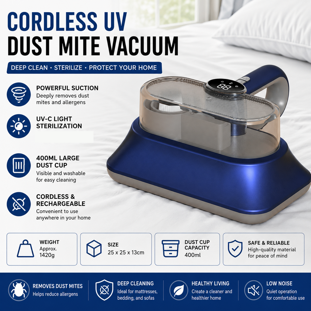 Cordless Dust Mite Remover Vacuum UV Cleaner Bed Mattress Sofa 400ml Kit Blue