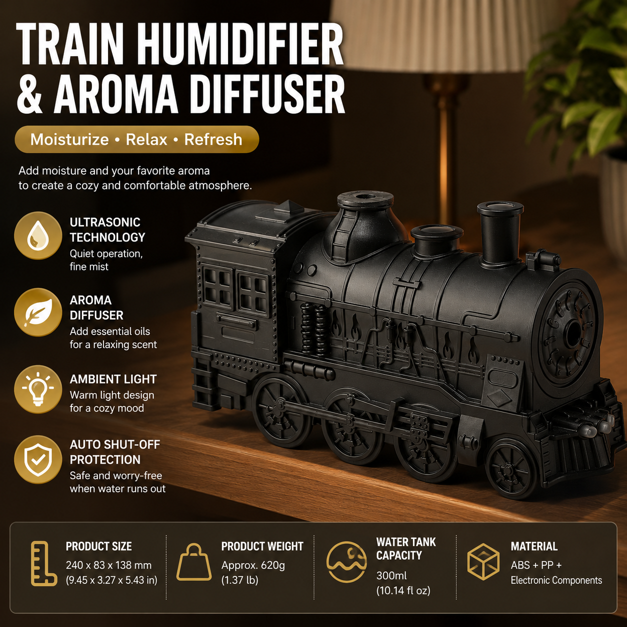 Retro Train Humidifier 300ml Ultrasonic Aroma Diffuser LED Night Light Black