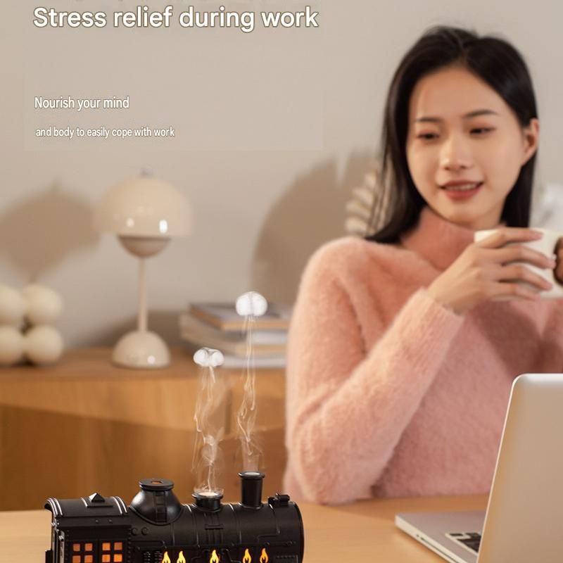 White Retro Train Aromatherapy Humidifier - 300ml Ultrasonic Cool Mist Diffuser with Jellyfish Smoke Ring, LED Night Light  for Bedroom Office Desk Decor