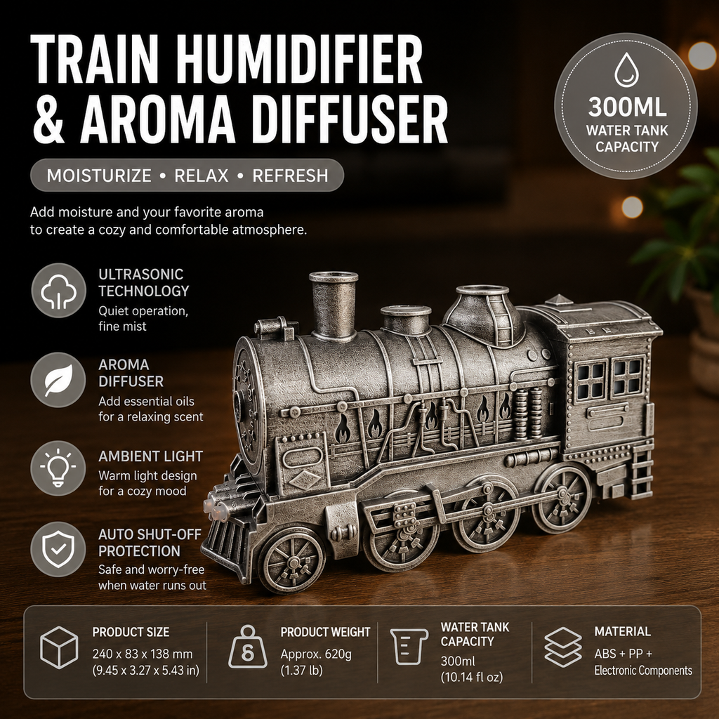 Retro Train Humidifier 300ml Ultrasonic Aroma Diffuser LED Night Light Silver