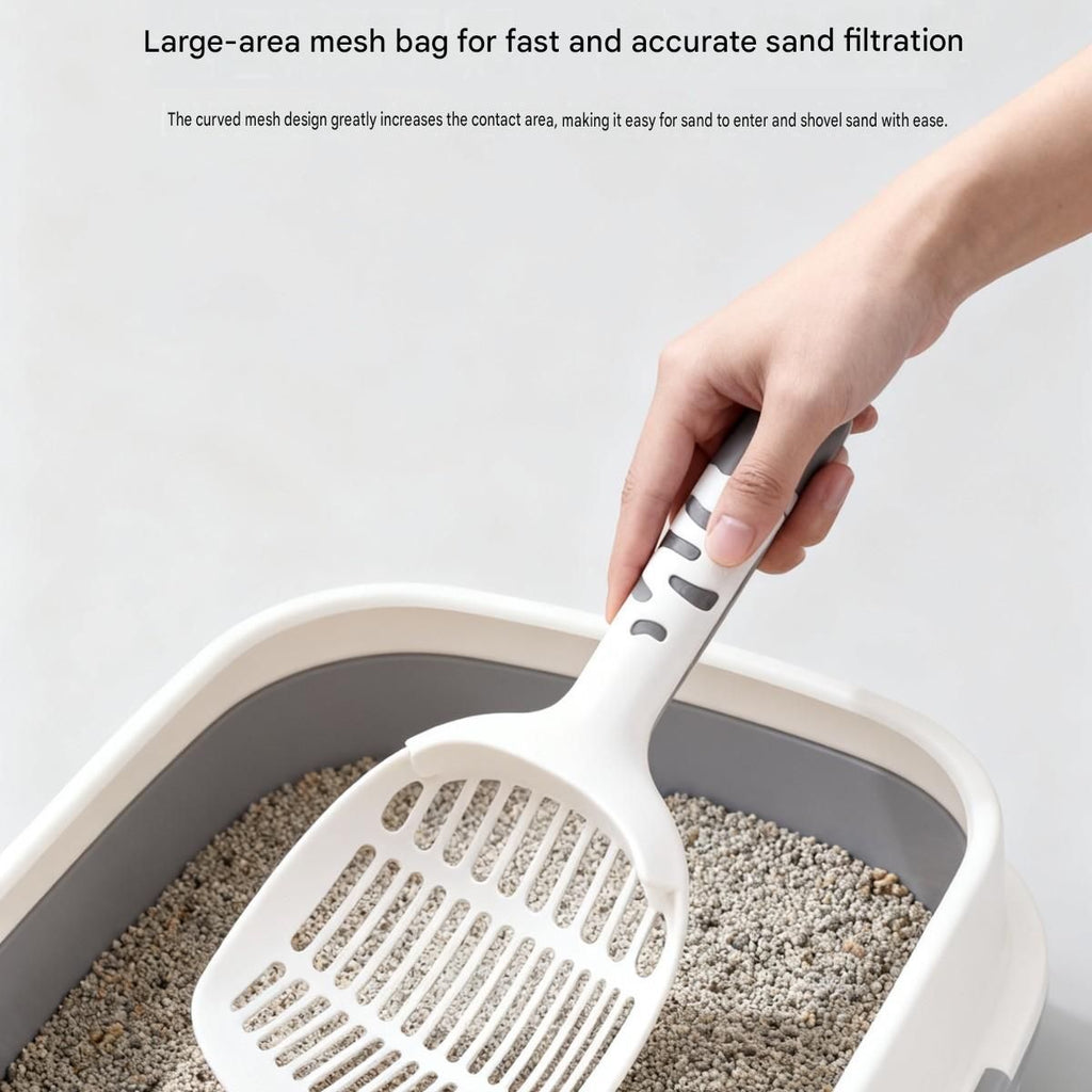 Yellow Large-surface cat litter scoop—made of PP material, featuring a fine-mesh design and an ergonomic handle; 28 cm in length. Suitable for tofu litter and clumping litter; an easy-to-clean tool for clearing away pet waste