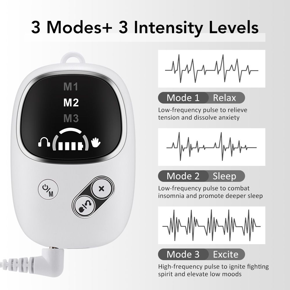 Home and Travel Sleep Aid Bundle - White Dual Mode CES Microcurrent Sleep Aid  Device and Grey Gravity Eye Mask, USB Rechargeable Handheld and Ear Clip Unit, 72cm Light Blocking Polyester Cover for Deep Rest and Travel