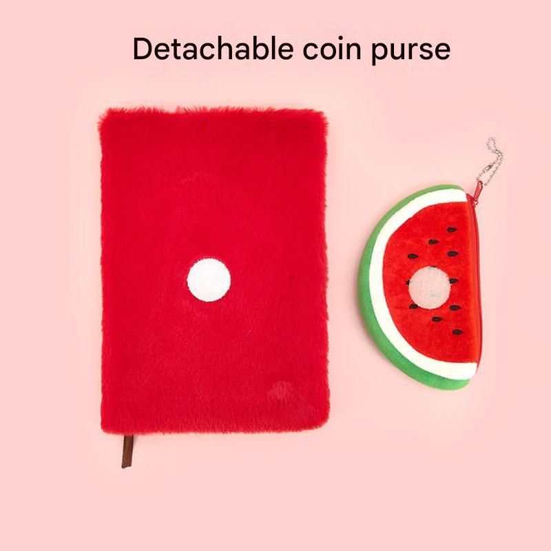 A5 Plush Fruit Notebook  with detachable pineapple-shaped coin purse — features a soft plush cover and 80 lined pages; a cute design perfect for school use or journaling