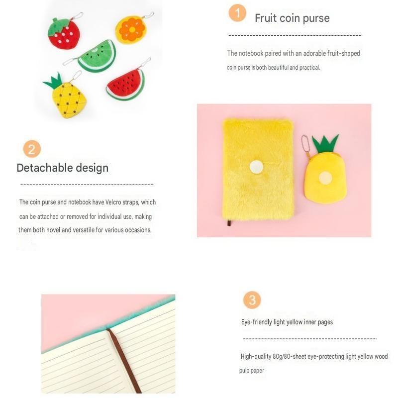 A5 Plush Fruit Notebook  with detachable pineapple-shaped coin purse — features a soft plush cover and 80 lined pages; a cute design perfect for school use or journaling